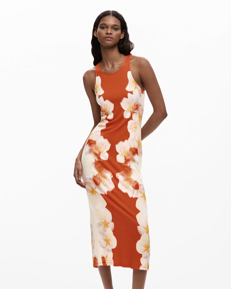 Desigual Vestito con Fiori Laterali Colore Arancione