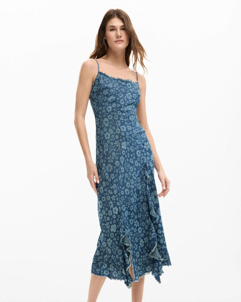 Desigual Vestito in Denim con Volant Colore Blu