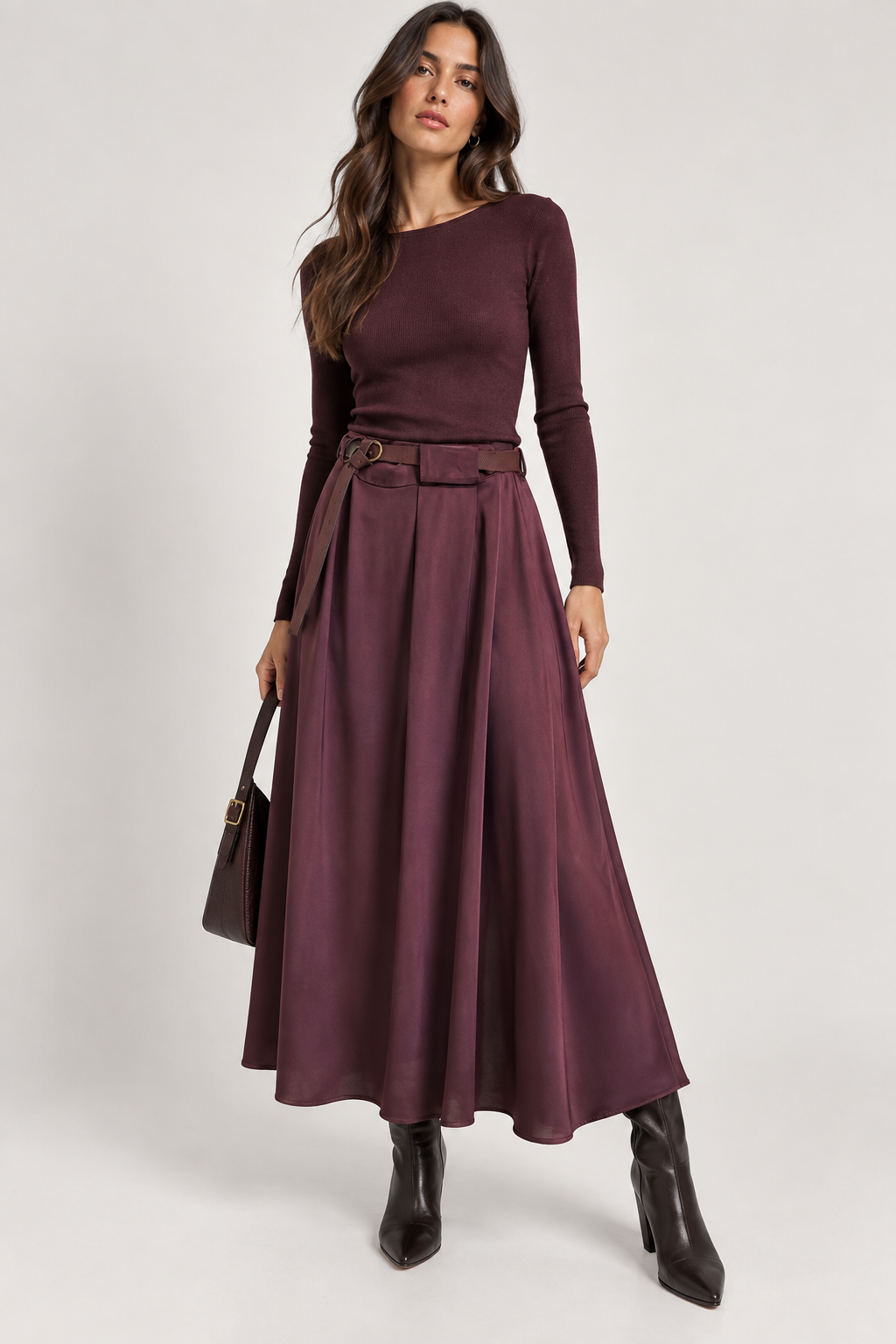 Eco Gonna Midi Ampia con Cintura Colore Vino