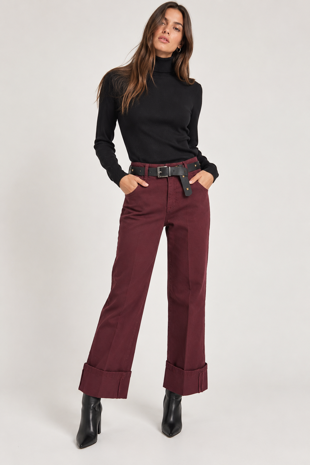 Eco Pantalone Cropped con Risvolto Colore Bordeaux