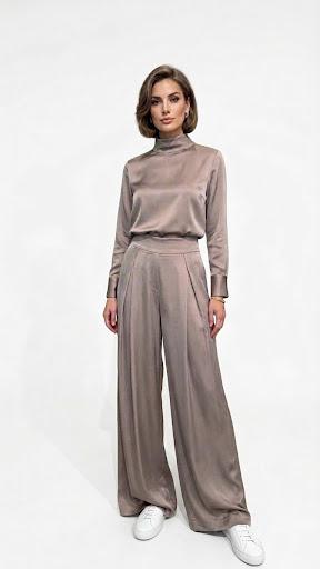 Eco Pantalone Palazzo Effetto Satinato Colore Tortora