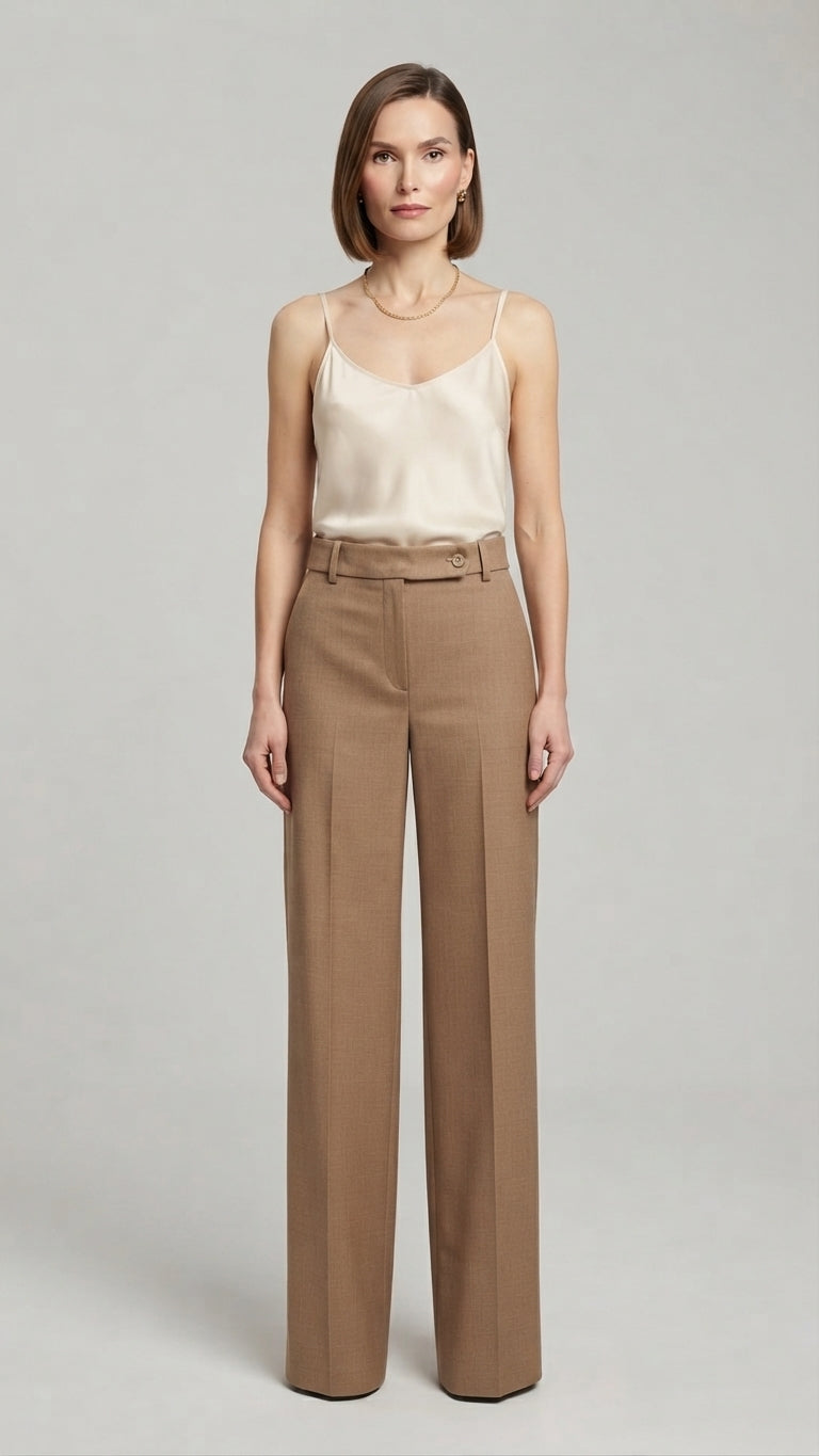 Eco Pantalone Sartoriale a Gamba Ampia Colore Cammello