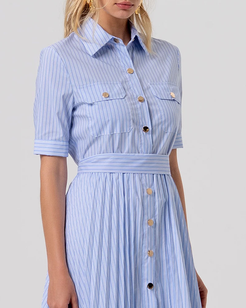 Fracomina Abito Regular Modello Chemisier Midi in Popeline a Righe Colore Blu Chiaro