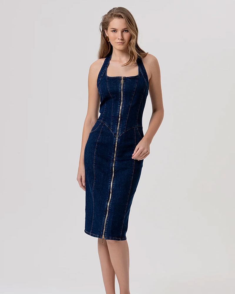 Fracomina Abito Senza Maniche Slim Midi in Denim con Lavaggio Raw