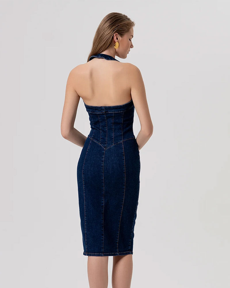 Fracomina Abito Senza Maniche Slim Midi in Denim con Lavaggio Raw