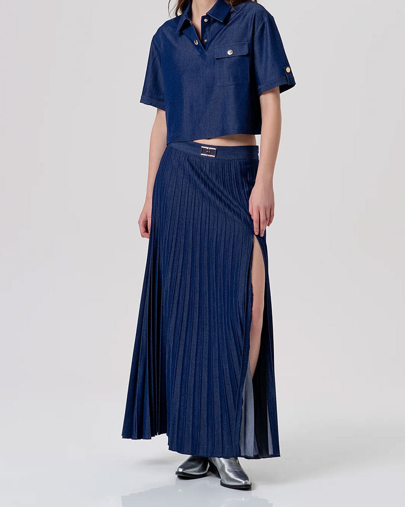 Fracomina Gonna Flare Lunga Plissettata Colore Blu Scuro