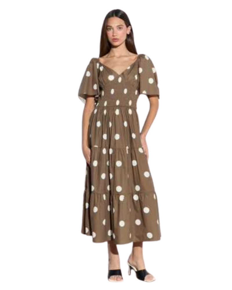 Glamours Abito Midi con Motivo a Pois Colore Beige e Bianco