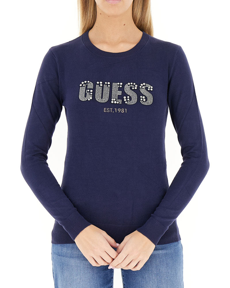 Guess Maglione Logo Frontale Strass da Donna Colore Blu Navy