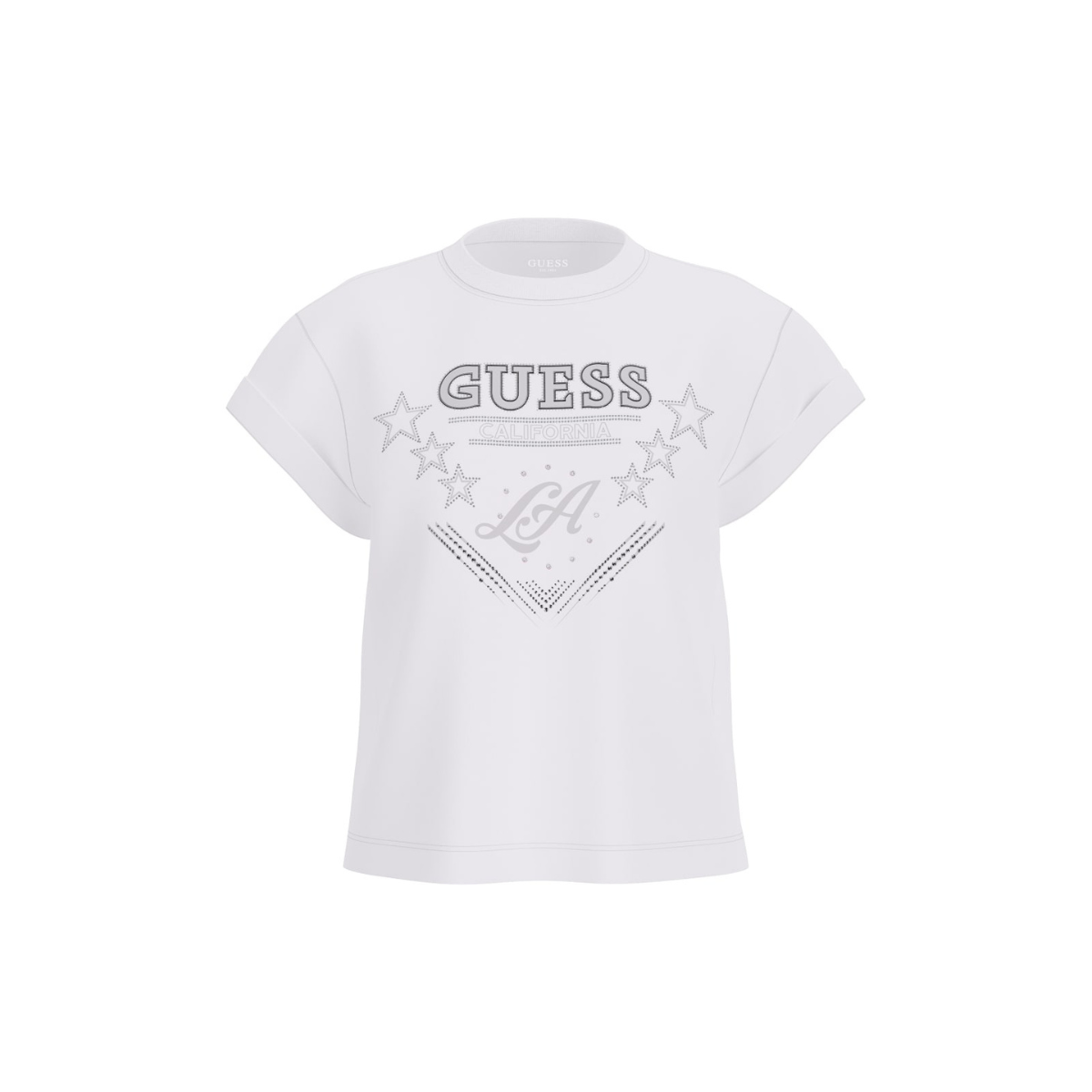 Guess T-Shirt Donna Bianca con Stampa Logo e Strass