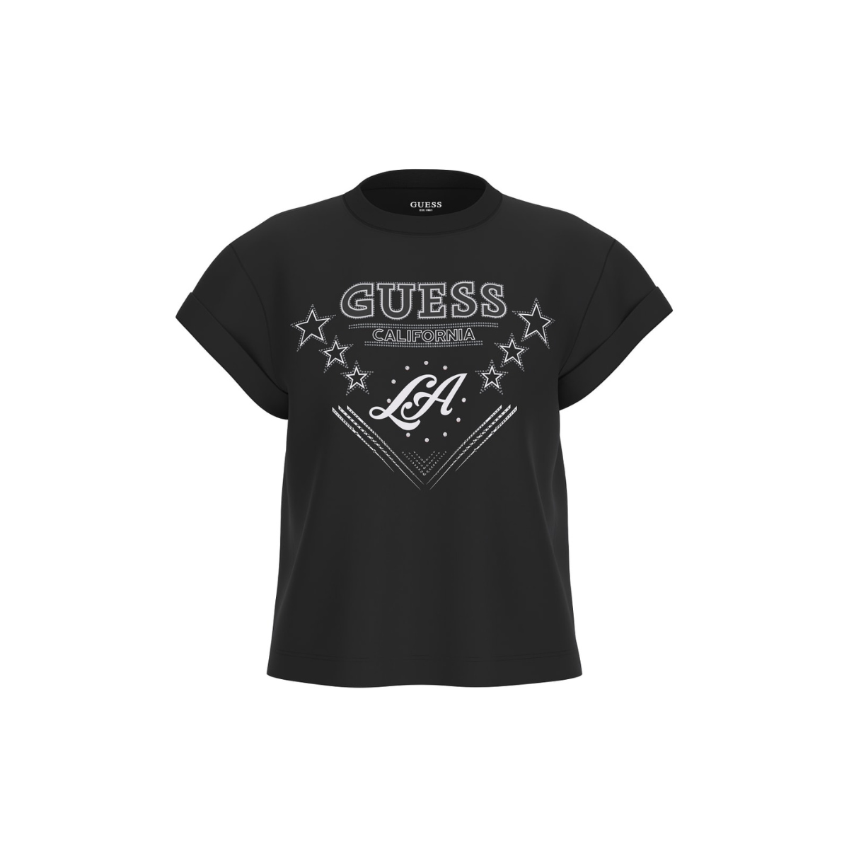 Guess T-Shirt Donna Nera con Stampa Frontale e Strass