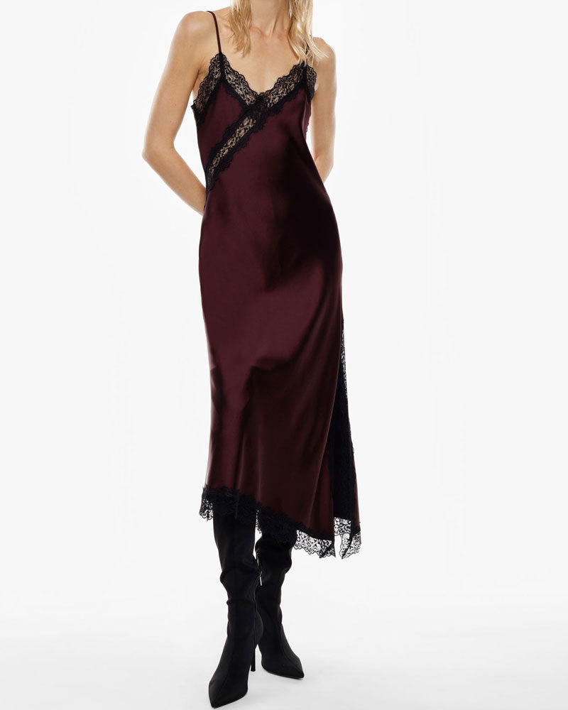 Imperial Abito Midi con Spalline e Profili in Pizzo Colore Prugna