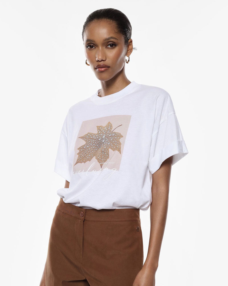 Imperial T-Shirt Girocollo Stampa Foglia Cristalli da Donna