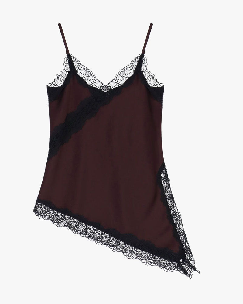 Imperial Top Asimmetrico con Inserti in Pizzo e Spalline Sottili Colore Prugna