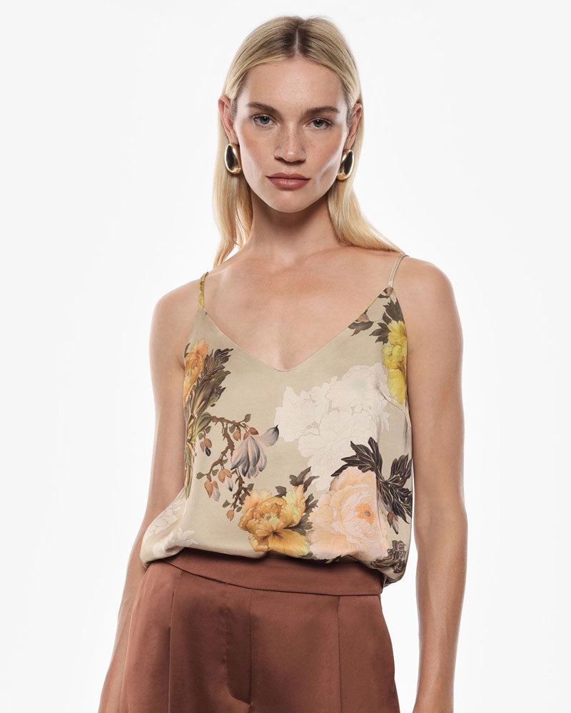 Imperial Top con Spalline e Stampa Floreale Colore Beige Militare