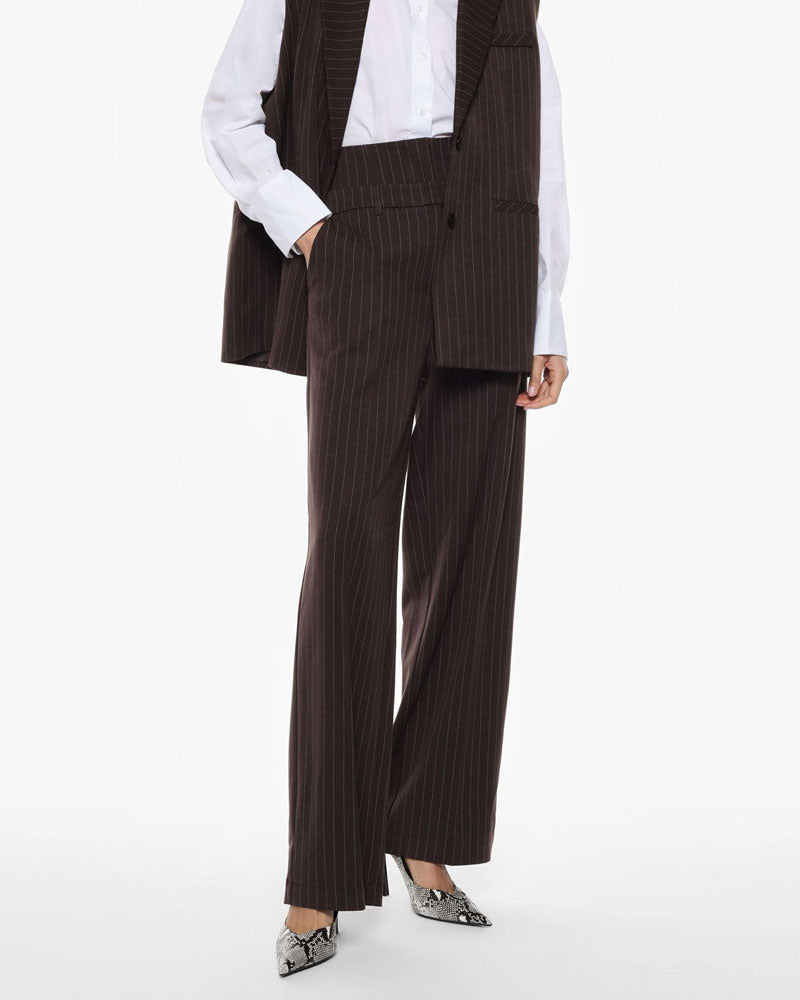 Imperial Trousers Ampi a Vita Alta con Motivo a Righe Sottili Colore Moro