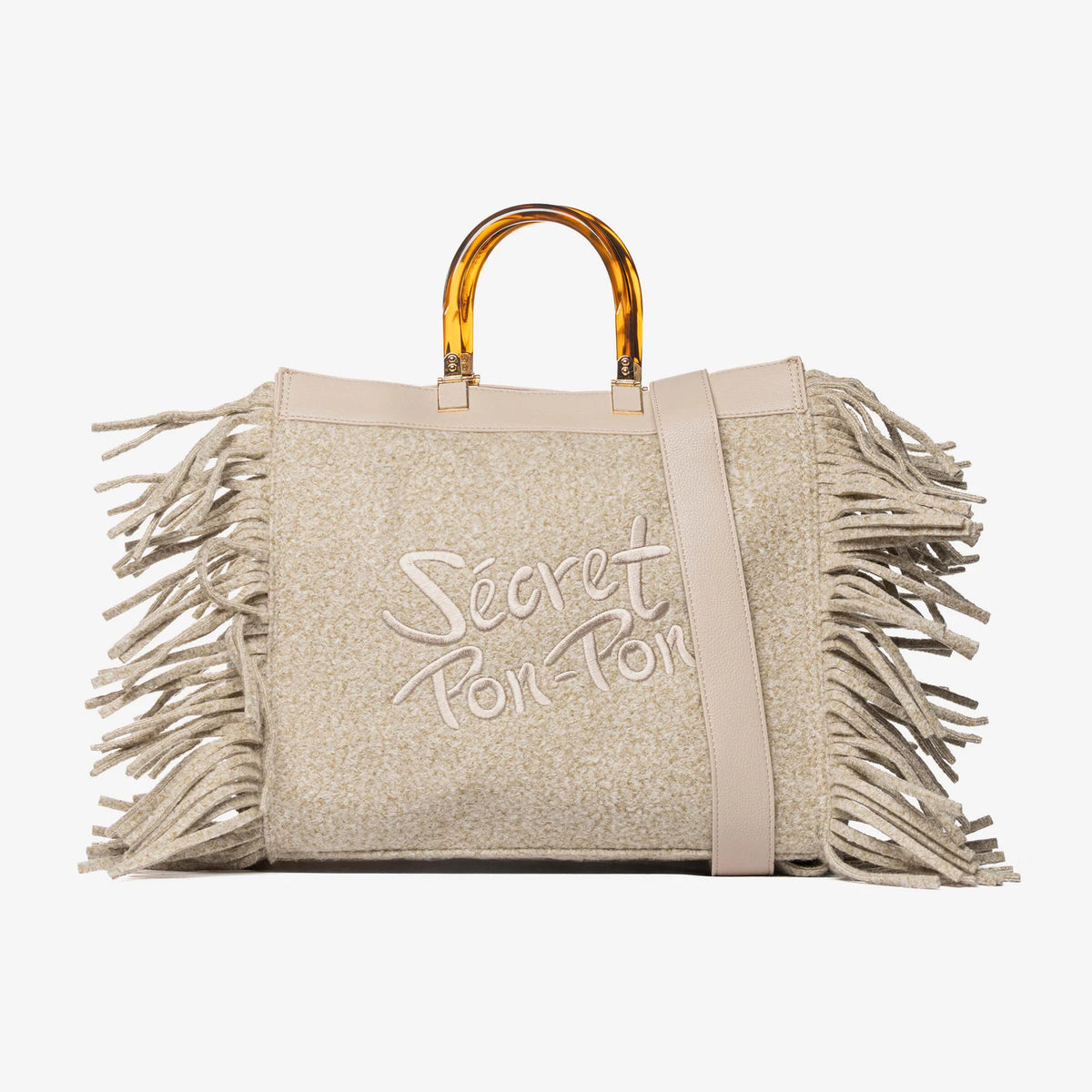 Secret Pon Pon Borsa Jacqueline Tote Large con Frange Colore Crema