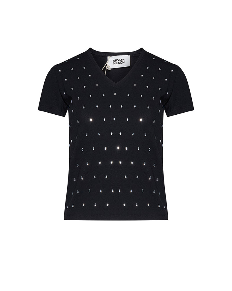 Silvian Heach T-Shirt con Scollo a V e Punti Luce da Donna Colore Nero