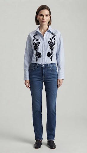 Eco Camicia Oversize a Righe con Ricami Floreali Colore Azzurro