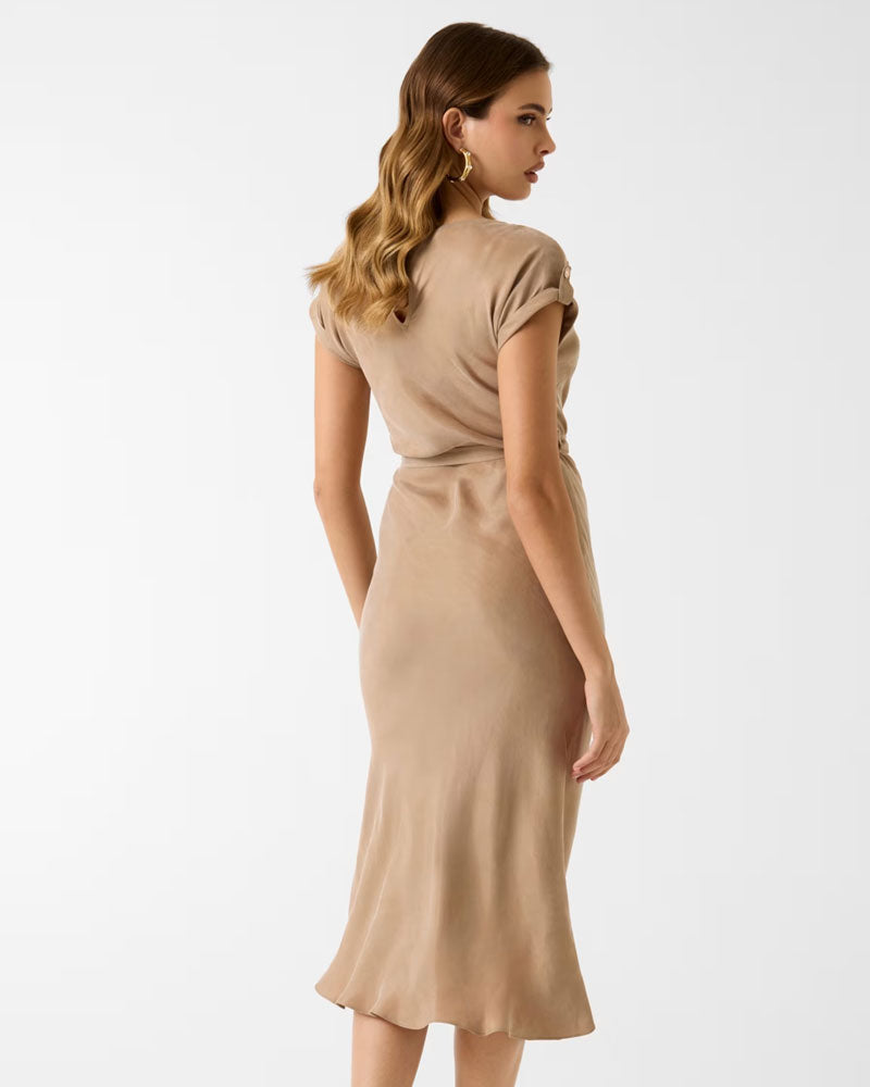 Guess Abito Midi in Misto Viscosa Colore Beige