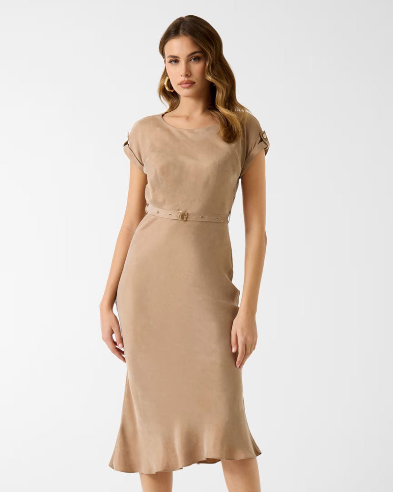 Guess Abito Midi in Misto Viscosa Colore Beige