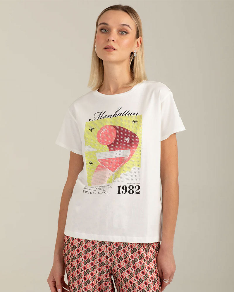 Fred Mello T-Shirt Girocollo con Grafica e Strass Colore Bianco