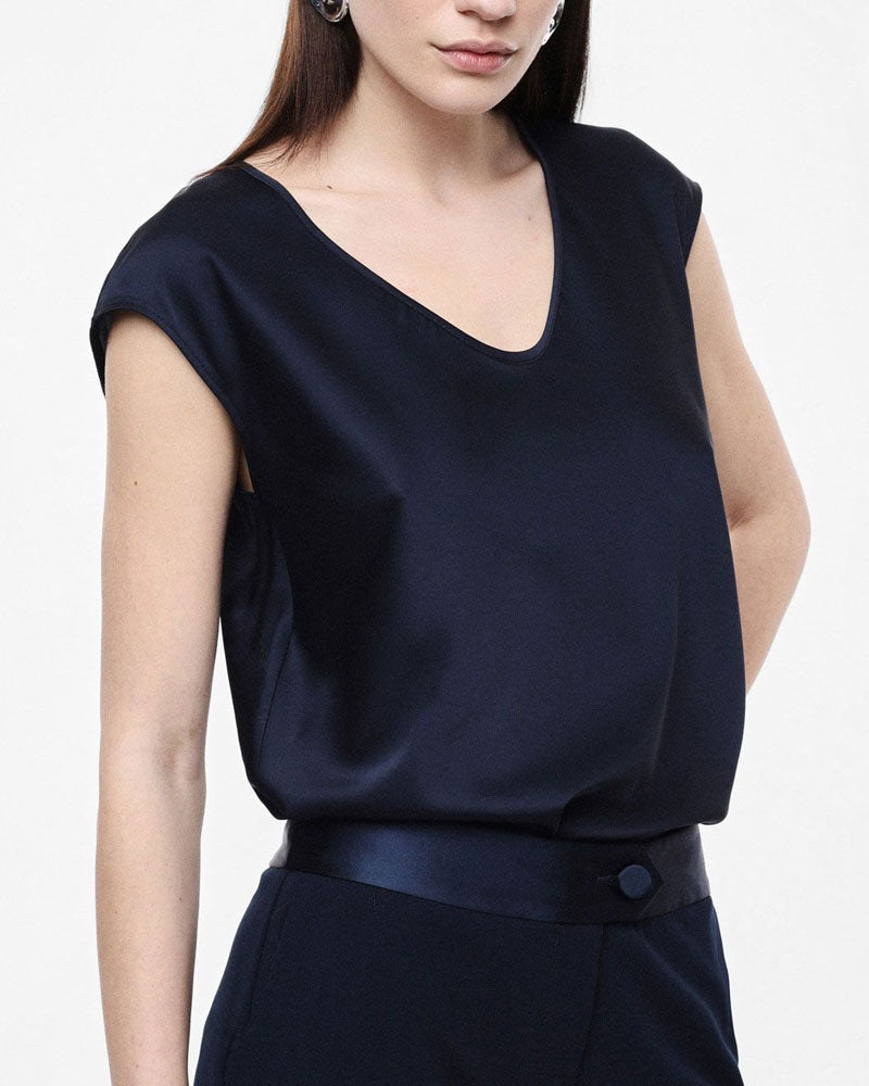 Imperial Top senza Maniche Scollo a V Vestibilità Fluida Colore Blu