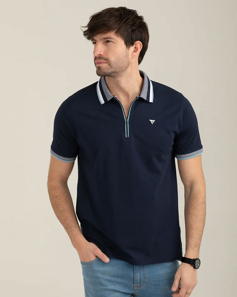 Fred Mello Polo a Manica Corta con Zip Colore Blu