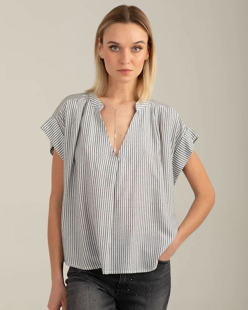 Fred Mello Blusa a Righe Collo Coreano Colore Nero