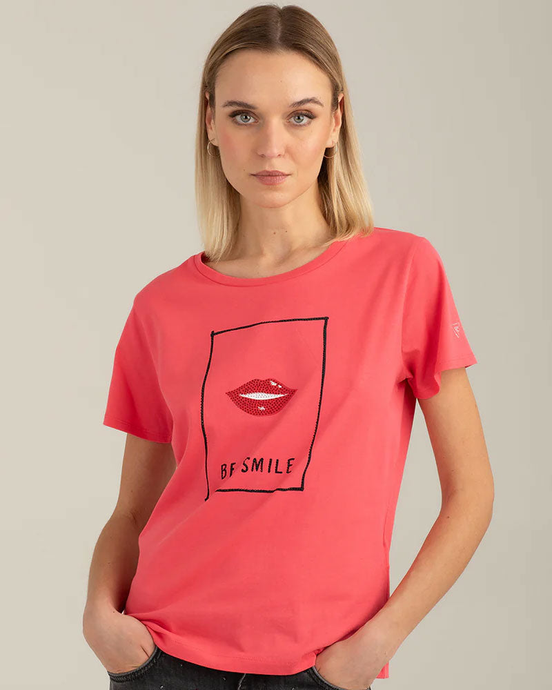 Fred Mello T-Shirt Girocollo con Grafica e Strass Colore Corallo