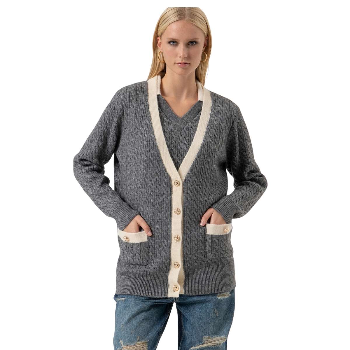 Fracomina Cardigan Regular Lungo con Punto Treccia Grigio Bianco da Donna