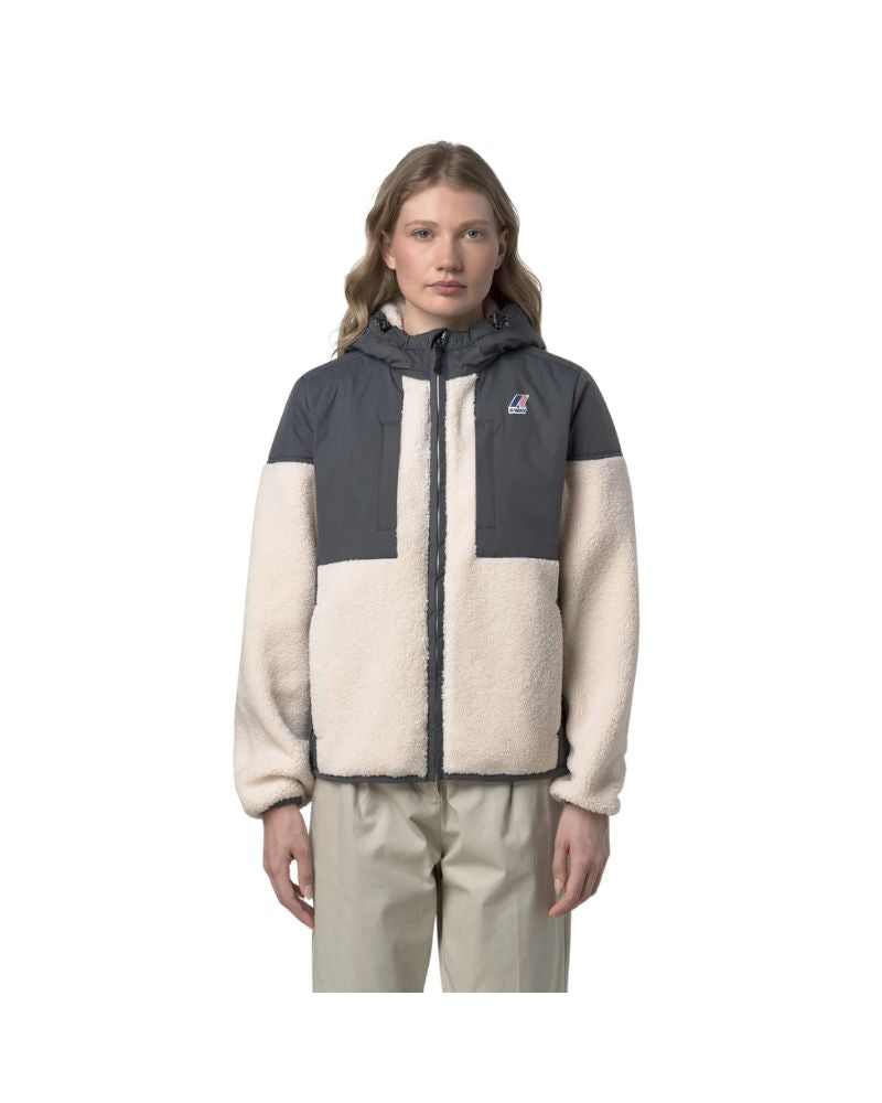 K-Way Giacca Samson 4.0 con Cappuccio Unisex Colore Grigio e Bianco con Zip InteraiI solamento Sherpa e PrimaLoft