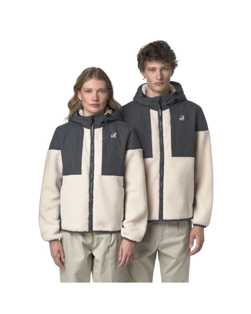 K-Way Giacca Samson 4.0 con Cappuccio Unisex Colore Grigio e Bianco con Zip InteraiI solamento Sherpa e PrimaLoft