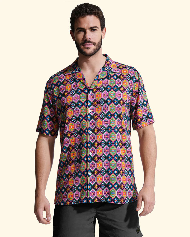 F**k Camicia Bowling con Fantasia Multicolore